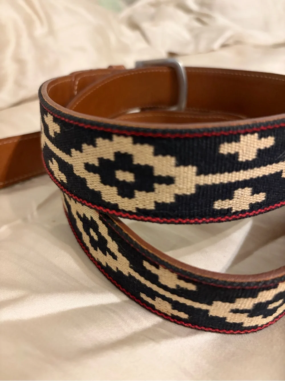 La Matera - Cazador Polo Leather Belt in Tan Size 40 Geometric Blue and White